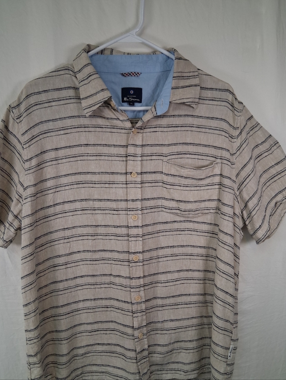 Ben Sherman Club Room Beige Short-Sleeve Button-Down with Navy Stripes - Picture 7 of 17